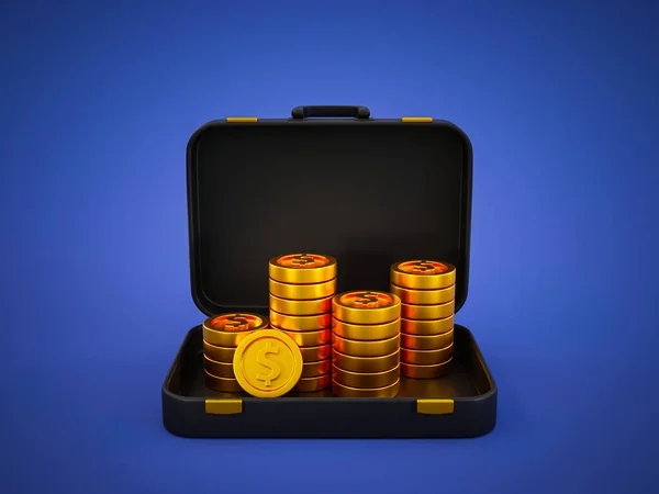 3d minimal financial growth concept. money accumulation. brief case with a pile of coins. 3d rendering illustration.