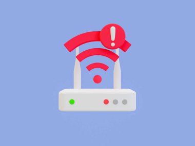 3D minimal ağ bağlantısı kesildi. İnternet bağlantısı yok. Modem problem simgesi. Modem ve büyüteç. 3d illüstrasyon.