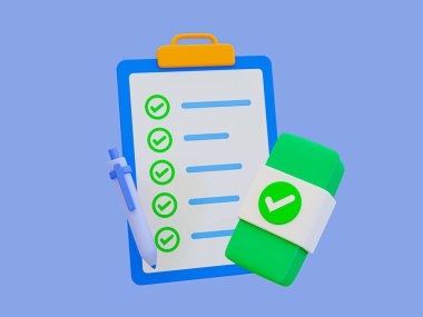 3d asgari bilanço. İş kontrol listesi beyanı. İçinde mali rapor, kalem ve banknot olan bir pano. 3d illüstrasyon.