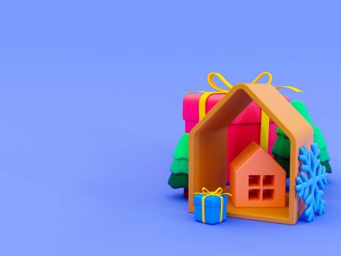 Noel şablonu en az üç boyutlu. Noel aralığı. Fotokopi alanı, ahşap ev, Noel ağacı ve büyük hediye kutusu olan mavi arka plan temalı Noel teması. 3d resimleme.