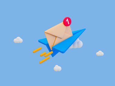 3d çevrimiçi ileti gönderiliyor. İnternette sohbet ikonu. Hızlı ve hızlı çevrimiçi iletişim. Zarf ikonlu kağıt roket. 3d illüstrasyon.