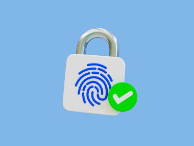 3D minimal parmak izi güvenlik sistemi. Kimlik doğrulaması. Güvenli dijital kimlik. Üzerinde işaret olan bir parmak izi kilidi. 3d illüstrasyon.