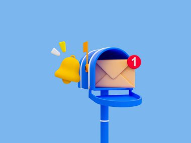 3D en az yeni aktivite hatırlatması. Yeni bir posta geliyor. Haber bülteni bildirimi. Posta kutusu ve çan simgesi. 3d illüstrasyon.