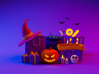 Cadılar Bayramı indirimi en az 3D. Özel indirim teklifi. Cadılar Bayramı satış promosyonu. Hediye kutusu, alışveriş çantası ve Cadılar Bayramı balkabağı olan alışveriş arabası. 3d illüstrasyon.