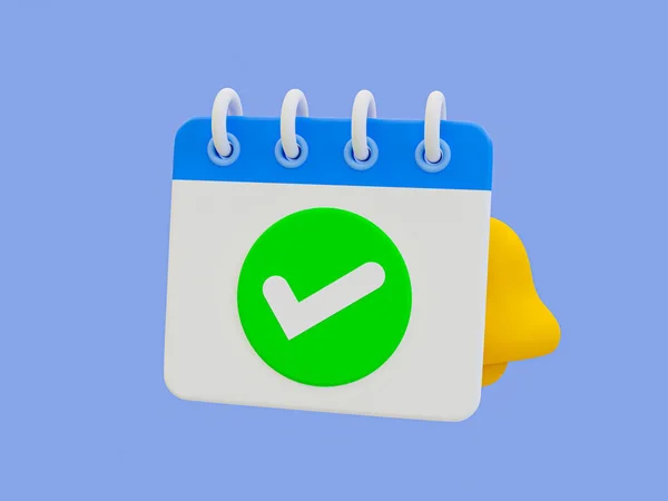 3d minimal appointment success icon. schedule approved. meeting confirmed. Calendar with a checkmark and bell icon. 3d illustration.