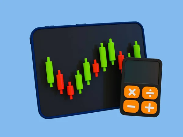 3d minimal trading charts. Stock market forecasting. Stock market graph with a calculator. 3d illustration.