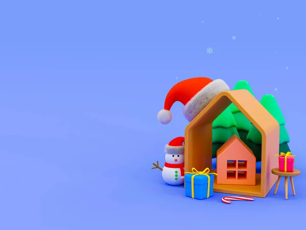 3d minimal Christmas template. Christmas frame. Christmas theme mockup on blue background with copy space, snowman, wood house, Christmas hat, Christmas tree, gift box. 3d rendering illustration.
