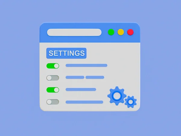 3d asgari ayarlar sayfası. Kullanıcı ayarlar sayfasını özelleştirsin. Kullanıcı kişisel sayfası olan tarayıcı. Vites tekerleği simgesiyle ayarlama sayfası. 3d illüstrasyon.