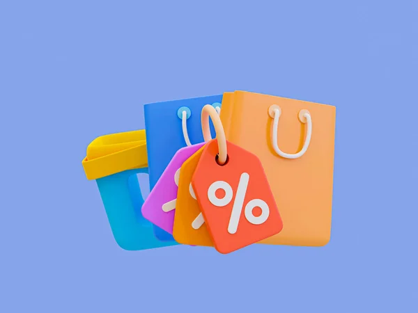3d minimal special discount concept. Marketing strategy. Customer attraction. Best price offer. Shopping bags with discount tags. 3d illustration.