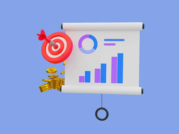 3d minimal business goal concept. Statistic data analysis. Marketing strategy. Projector board with a chart graph, dart board, and a pile of money. 3d illustration.