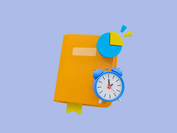 3d minimal Student learning growth concept. Time management for reading a book. sharing time for reading concept. textbook with an alarm clock and pie graph. 3d rendering illustration.