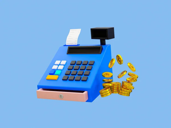 3d minimal supermarket cash register icon. payment and checkout process. cash register with a pile of money. 3d rendering illustration.
