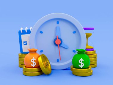 3D minimal mali yönetim kavramı. Verimli bir işletme yönetimi. Yatırım yönetimi konsepti. Yığınla parası olan bir saat. 3d illüstrasyon.