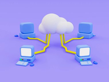 3D minimal bulut hesaplama kavramı. Bulut teknolojisi servis konsepti. Online depolama sistemi. Kablosuz veri depolama. Bilgisayar bulut hesaplama simgesine bağlanıyor. 3d resimleme.