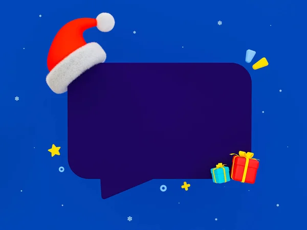3d minimal chat box in Christmas theme. blank text box template. Christmas Speech bubble mock-up. Message box with a Christmas hat and gift boxes. 3d rendering.