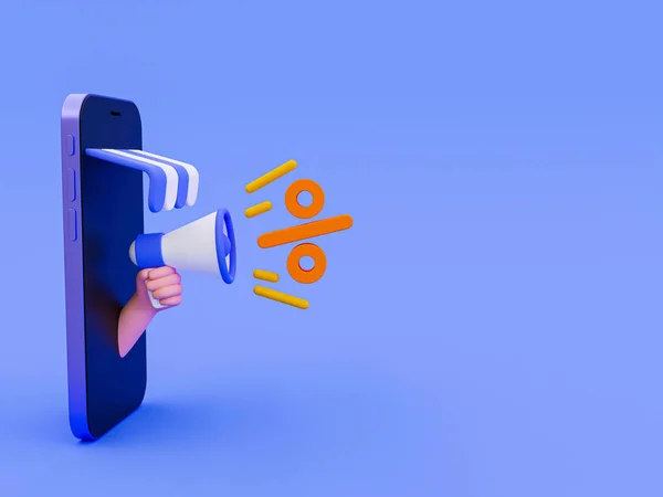 Üç boyutlu asgari pazarlama stratejisi. İndirimli promosyonlar. Özel indirim teklifi. Müşteri çekiciliği konsepti. Yüzde yüz simgesi olan bir megafonu tutan bir el. 3d illüstrasyon.