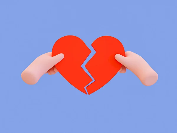 3d minimal Broken Heart. Bad relationships, breaking up, sadness emotions concept. infidelity concept. relationship ended. Cartoon hand ripping a heart icon. 3d illustration.