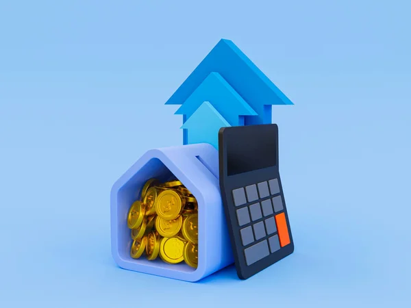 3d minimal Housing price rising up. real estate or property growth concept. Real estate price increase. House piggy bank and calculator with a blue arrow rising. 3d illustration.