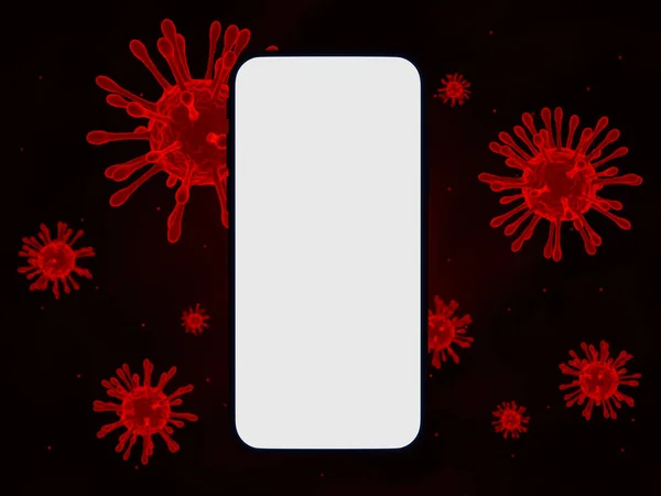 3d minimal news report about virus template. Smartphone mock-up with red viruses background. Blank screen smartphone with an epidemic theme. 3d rendering illustration.