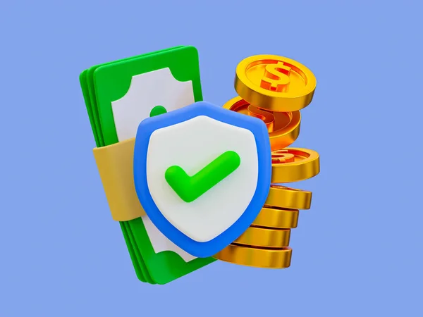3d minimal Financial security. online payment protection. online transaction. Security shield with a bunch of banknotes and a pile of coins. 3d render illustration