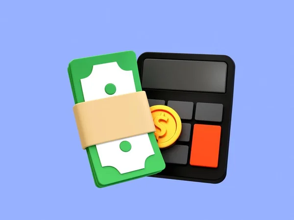 3d minimal money management concept. money loan concept. calculator with a bunch of cash. 3d illustration.