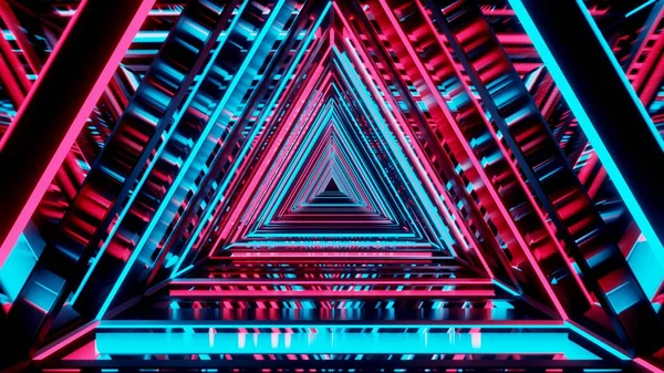 Colorful blue and red triangle shape frame technology. Reflective neon triangle tunnel. Futuristic glowing lines. 3d illustration.