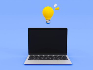 3d minimal self-improving concept. getting a new idea concept. online education concept. laptop with a light bulb on top. 3d illustration.