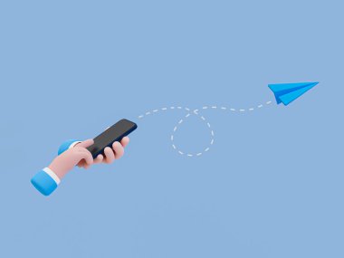 3d cartoon internet communication concept. Online chatting. Online contact. Email sending. Hand sending a message with paper rocket flew out. 3d rendering illustration.