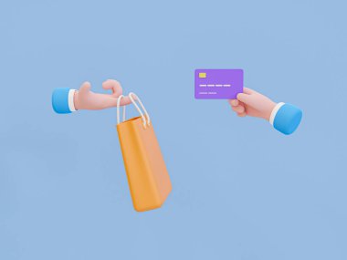 3d cartoon shopping concept. Moneyless payment. Product checkout method. Credit card paying. Hand holding a shopping bag with another hand holding a credit card. 3d rendering illustration.