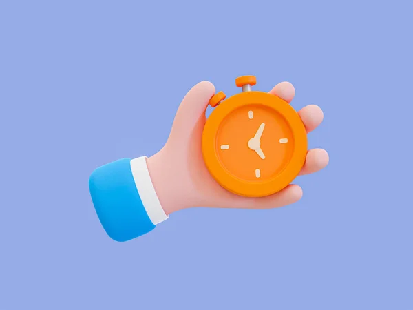 3d minimal time of competition concept. Submitting a work before deadline. knowing the value of time. Time wasted alertness. Hand holding an orange stopwatch. 3d illustration.