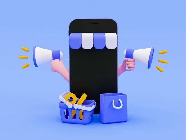 3d minimal marketing strategy. Discount promotions. Special discount offer. Customer attraction concept. Hand holding a megaphone beside the storefront smartphone. 3d illustration.