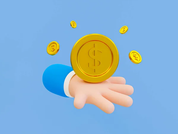 3d minimal business concept. financial concept. dollar coin on a cartoon hand. 3d illustration.