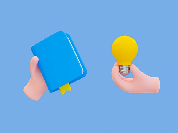 3d minimal problem-solving concept. figuring out a problem concept. reading for getting a new idea. hand holding a book and hand holding a light bulb. 3d illustration.