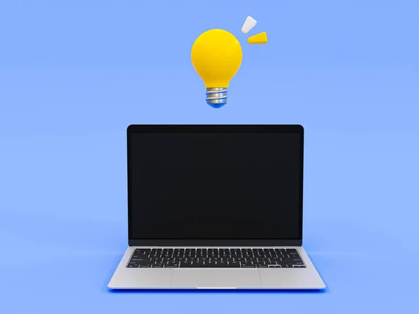 3d minimal self-improving concept. getting a new idea concept. online education concept. laptop with a light bulb on top. 3d illustration.