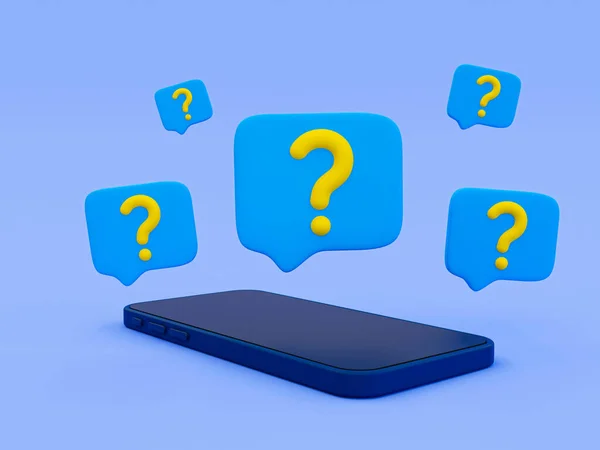 3d minimal questioning concept. problem-solving concept. finding an answer. searching for answers. smartphone with question mark icons. 3d illustration.