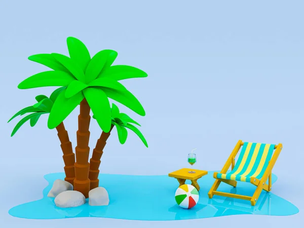 3d minimal summer theme background. Recreational time. summer vacation time. Beach theme with copy space. Palm tree, beach chair, beach table, beach ball isolated on blue background. 3d rendering.
