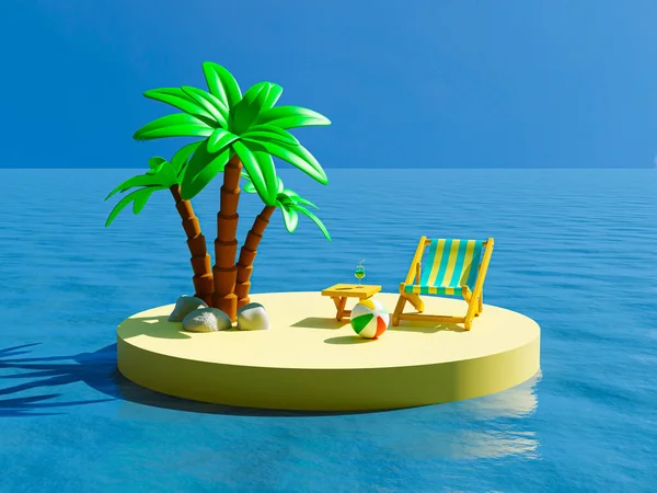 3d minimal summer theme. summer vacation trip. Recreational time. Holiday party. Beach composition on a yellow circle in the water. 3d illustration.