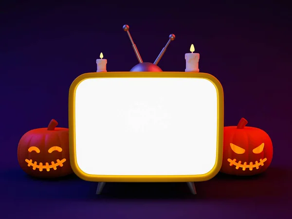 3d minimal horror Halloween theme. Halloween template. blank tv screen template. tv screen glowing with copy space and pumpkins beside the tv. 3d illustration.