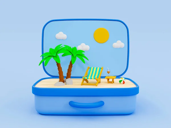 3d minimal summer theme. Beach theme. summer vacation time. Palm tree, beach chair, beach table, beach ball isolated on blue background. 3d rendering.