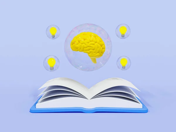 3d cartoon brain development concept. Self-development. Learning to get a new idea. Brain and light bulbs in side bubbles floating on top of a book. 3d rendering illustration.