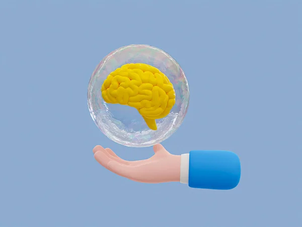 3d cartoon brain development concept. cartoon brain anatomy. Learning to get a new idea. Brain inside a bubble floating on top of a hand. 3d rendering illustration.