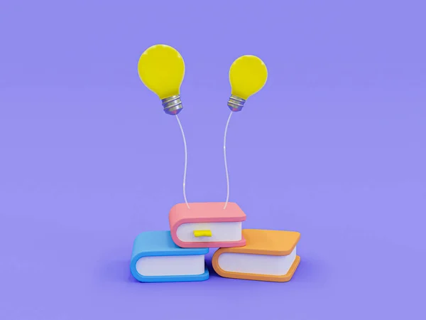 3d cartoon self-development concept. Self-learning concept. Reading a book to get a new idea. Knowledge seeking. A pile of books that send light to a light bulb. 3d rendering illustration.