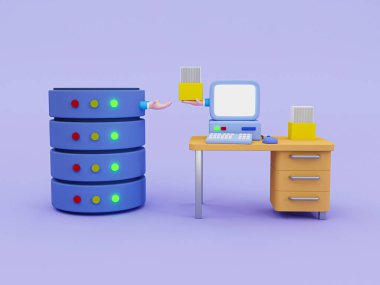 3d storing data in a database. document security concept. file backup. information storage concept. hand holding documents and hand from database receives. 3d rendering illustration.