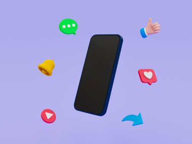 3d minimal social media expression concept. social media sign. smartphone with social media icons all around. 3d rendering illustration.