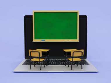 3d minimal online classroom. E-learning concept. blank school blackboard on a laptop screen, table, chair, and educational supplies. 3d rendering illustration.