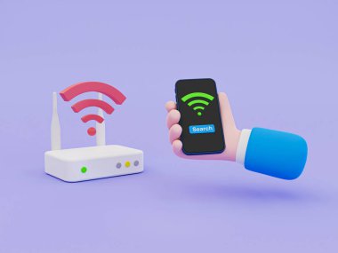 3d Wi-Fi signal searching. wifi tethering. hand holding smartphone searching for Wi-Fi. 3d rendering illustration.