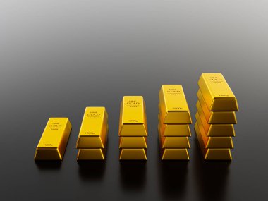 3d realistic a stack of gold. the rising pile of gold bars isolated on black background. 3d rendering illustration.