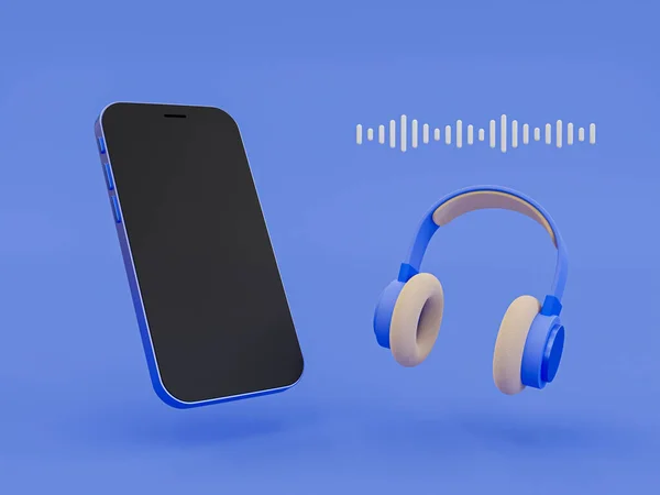3d music listening concept. Listen to music online with wireless technology. hot chart music template. Smartphone with sound wave and wireless headphones. 3d rendering illustration.