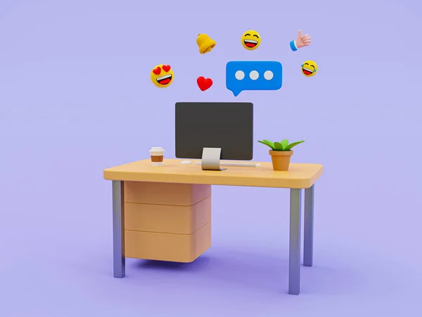 3d social media emoji icon. Online chatting concept. Workplace - desk, and computer with Funny emoticon faces floating. 3d rendering illustration.