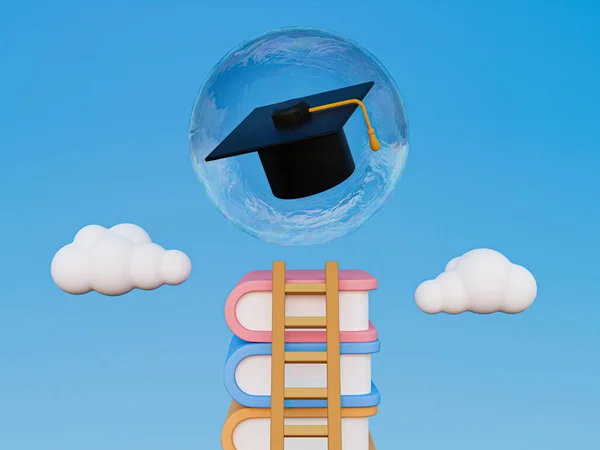 3d cartoon graduation concept. Attempts to complete a bachelor\'s degree. stack of books with stairs and the degree cap in the air bubbles floating in the sky. 3d rendering illustration.